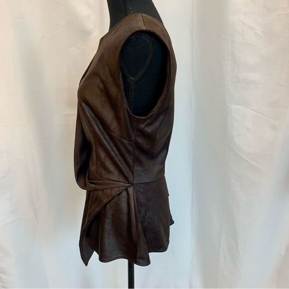 Nha Khanh brown faux suede asymmetrical draped peplum top Sz 10 sleeveless - Picture 8 of 16